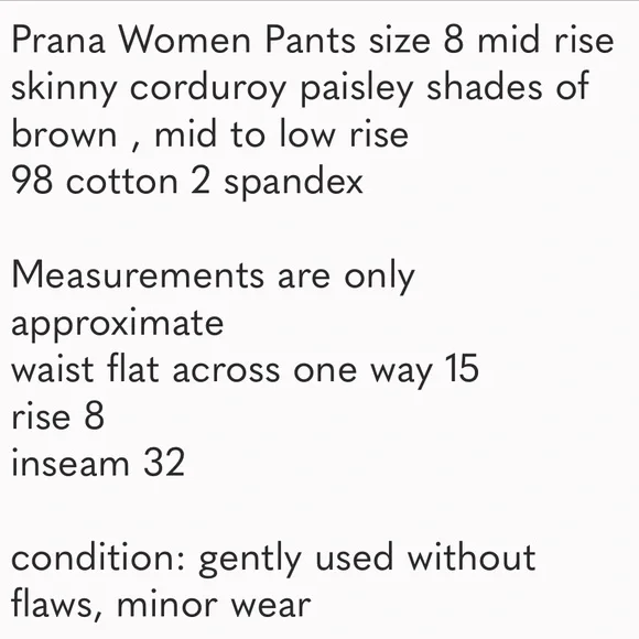 Prana Women Pants 8 Medium Skinny Corduroy Paisley Mid-Rise Brown Cotton - Picture 6 of 8